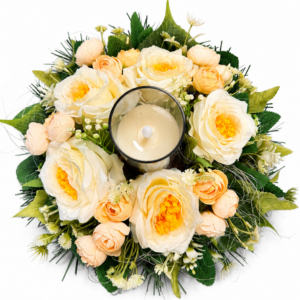 Smútočná zaťažená ikebana s LED sviečkou – Biela elegancia